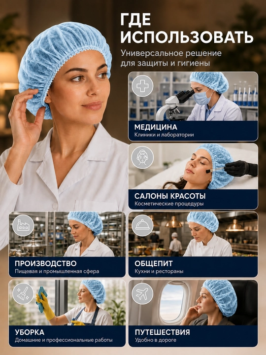 Одноразовые медицинские защитные шапочки «Шарлотта» — 50 шт