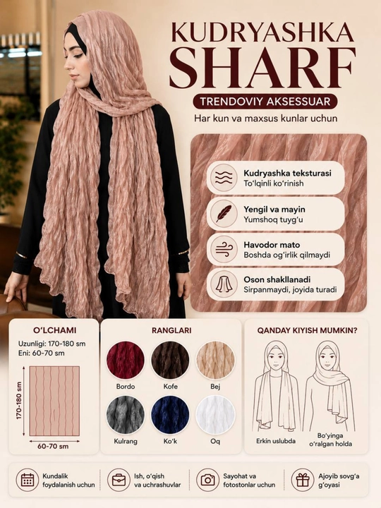 Plisse sharf, ayollar ro‘moli, hijob sharf, yengil sharf, bahoriy sharf - 