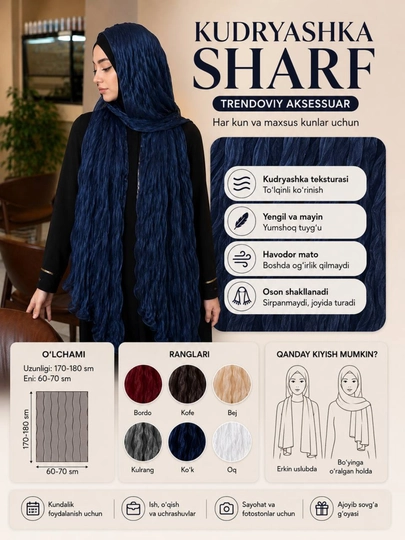 Plisse sharf, ayollar ro‘moli, hijob sharf, yengil sharf, bahoriy sharf - 