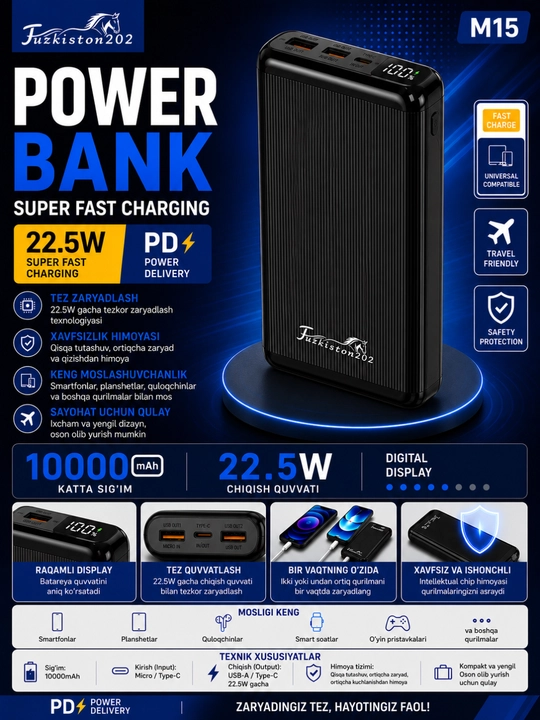 Turkiston202 M16 Power Bank 20000mAh, 22.5W Tezkor Zaryadlash, Raqamli Displey - 