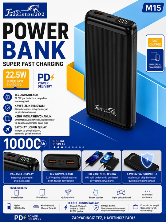 Turkiston202 M16 Power Bank 20000mAh, 22.5W Tezkor Zaryadlash, Raqamli Displey