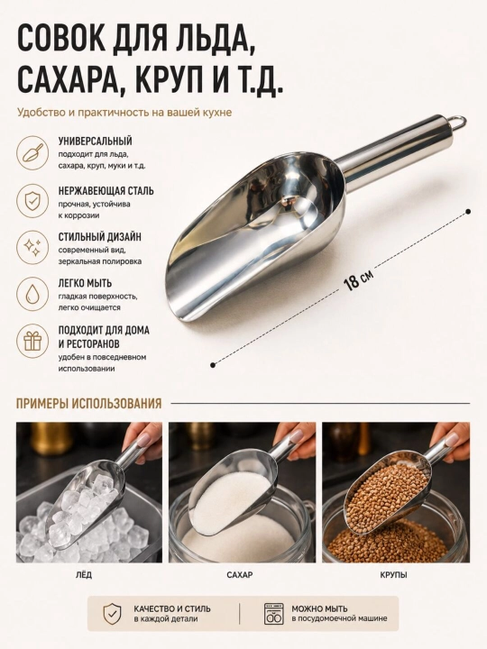 Совок для льда, сахара, круп и сыпучих продуктов 18 см - 