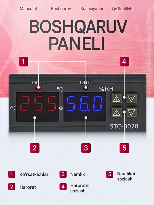 Контроллер температуры и влажности STC-3028, 12В/220В, датчик, 2 реле 10A