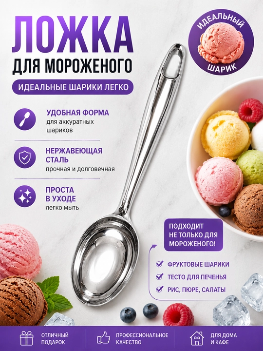 Ложка для мороженого для шариков профессиональная из нержавеющей стали - 