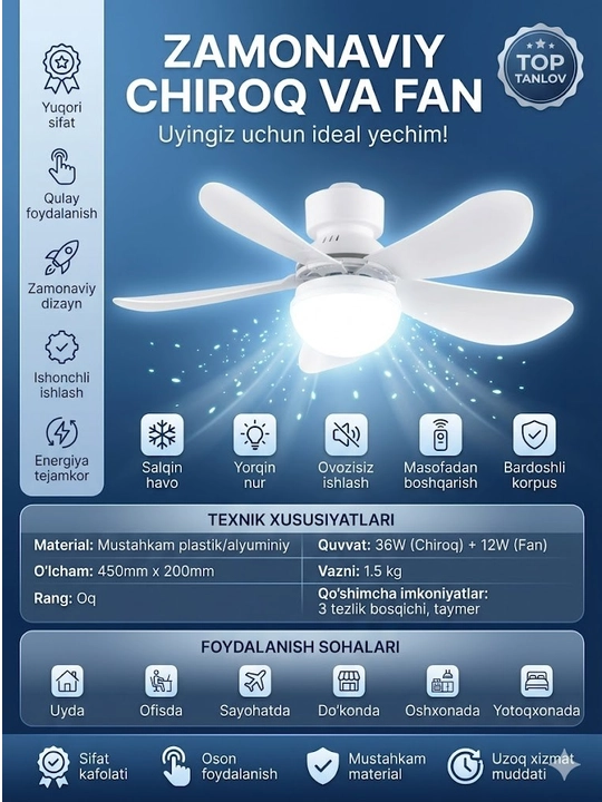 Lyustra-ventilyator LED yoritgichli va taymerli, shiftga o'rnatiladigan zamonaviy fan - 