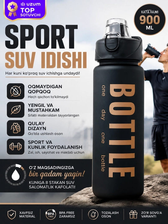 Sport suv idishi qora, katta hajmli motivatsion yozuvli qulay butilka - 