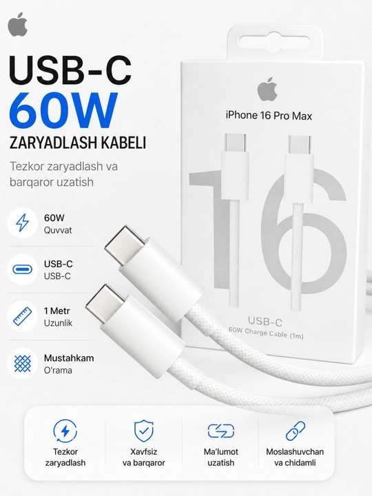 Kabel IPhone 15/16/17, iPad va MacBook uchun USB-C — USB-C 60W kabel, 1 m - 