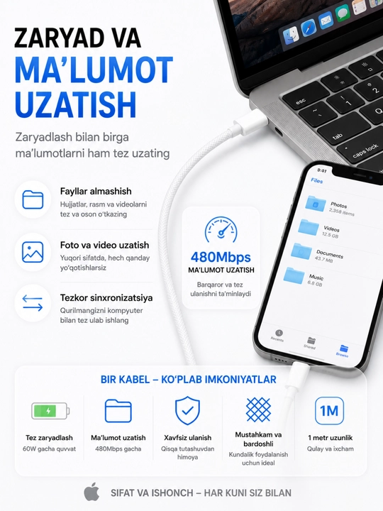 Kabel IPhone 15/16/17, iPad va MacBook uchun USB-C — USB-C 60W kabel, 1 m
