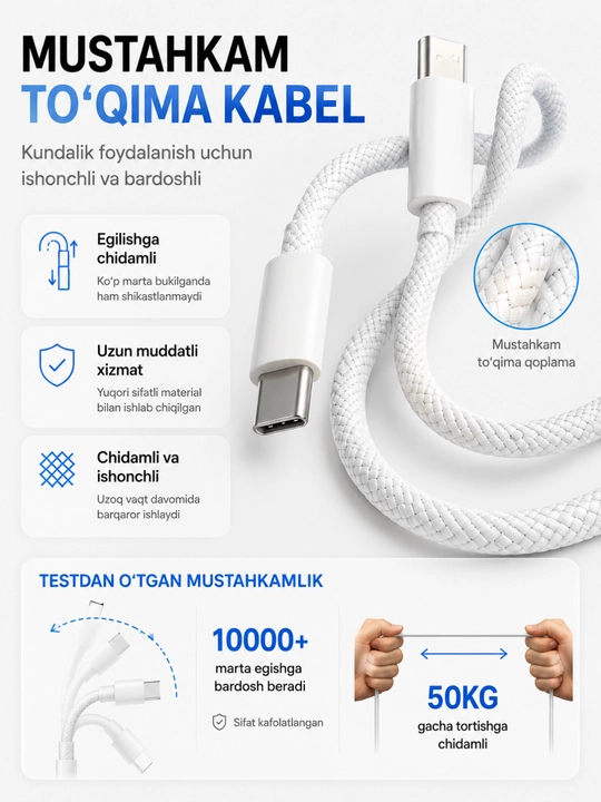 Kabel IPhone 15/16/17, iPad va MacBook uchun USB-C — USB-C 60W kabel, 1 m
