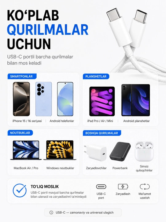 Kabel IPhone 15/16/17, iPad va MacBook uchun USB-C — USB-C 60W kabel, 1 m