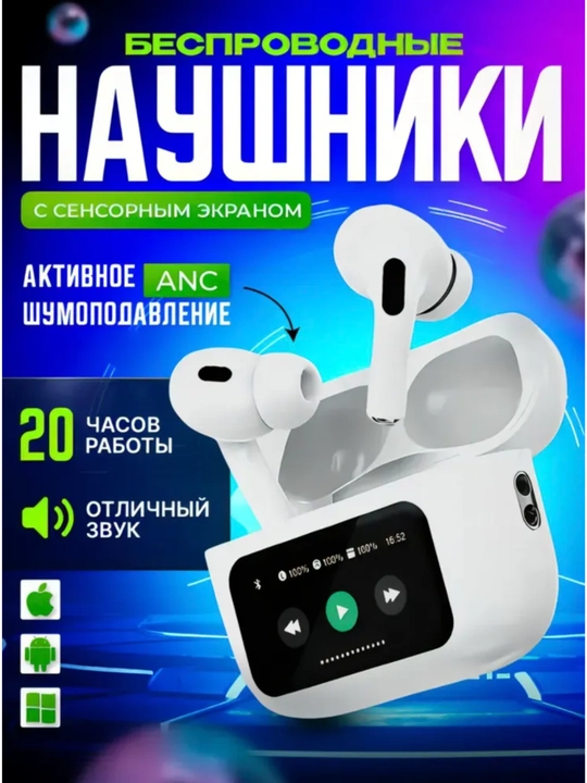 Simsiz quloqchinlar, displeyli, iPhone va Android Pods Pro 2 iOS uchun, sensorli ekrani