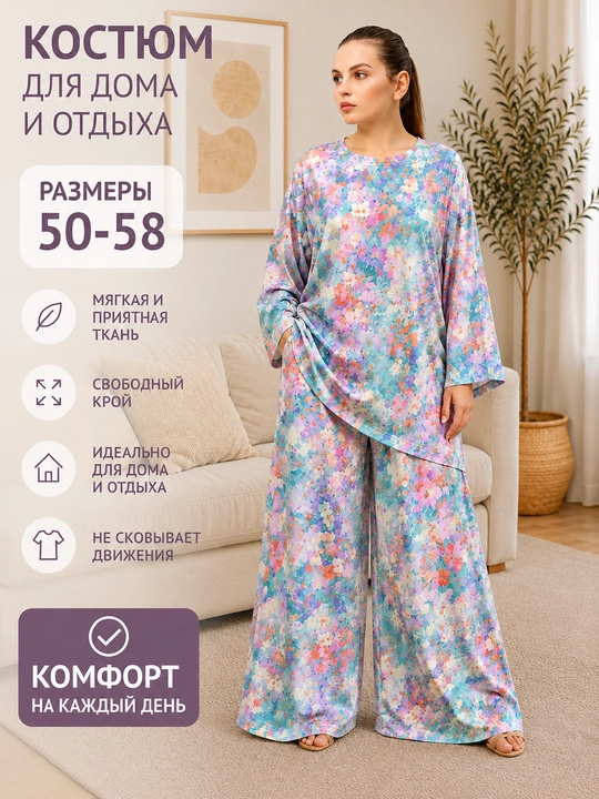 Duin poplindan tikilgan katta o‘lchamdagi ayollar kostyumi, keng shim va kofta 48-58 - 