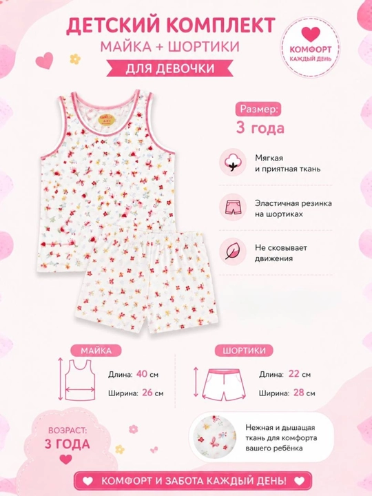 2-5 yoshli bolalar uchun yozgi to‘plam, mayka va shortik, paxtalik kostyum, yumshoq, qulay
