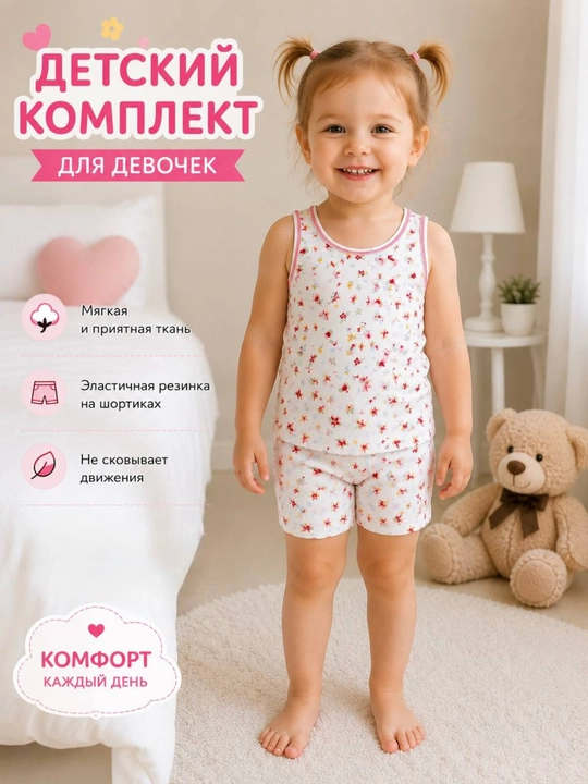 2-5 yoshli bolalar uchun yozgi to‘plam, mayka va shortik, paxtalik kostyum, yumshoq, qulay