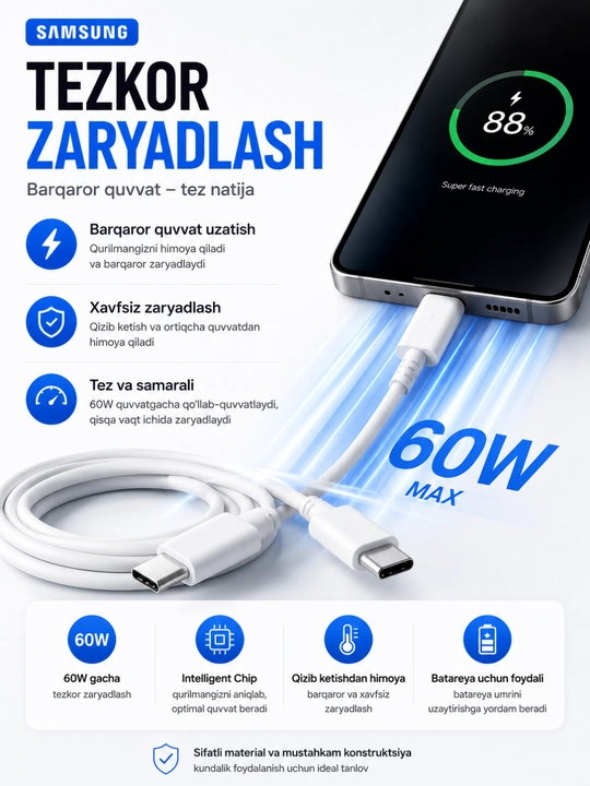 USB-C dan Samsung USB-C ga 60W zaryadlash kabeli, 1.8 m,Samsung
