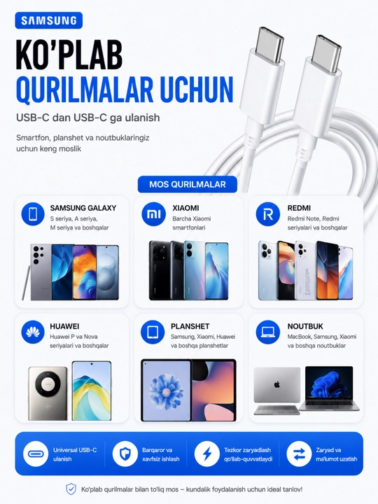 USB-C dan Samsung USB-C ga 60W zaryadlash kabeli, 1.8 m,Samsung