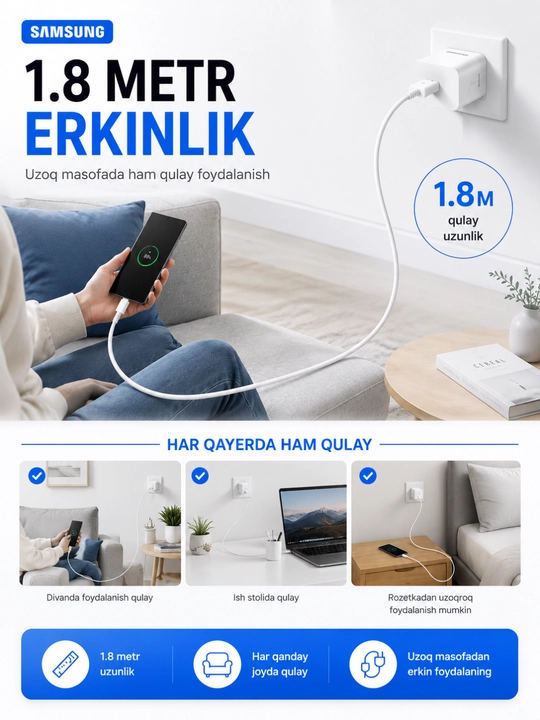 USB-C dan Samsung USB-C ga 60W zaryadlash kabeli, 1.8 m,Samsung