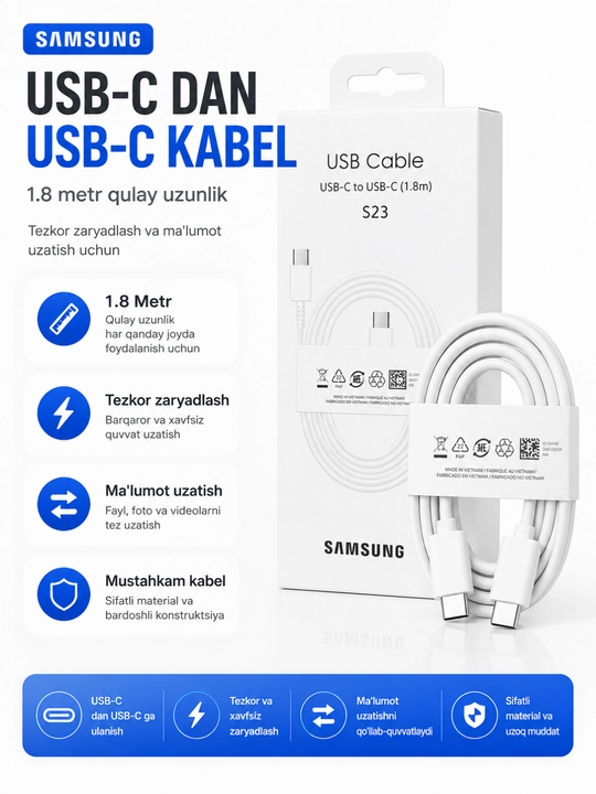 USB-C dan Samsung USB-C ga 60W zaryadlash kabeli, 1.8 m,Samsung - 
