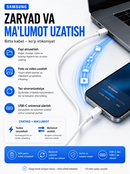 USB-C dan Samsung USB-C ga 60W zaryadlash kabeli, 1.8 m,Samsung
