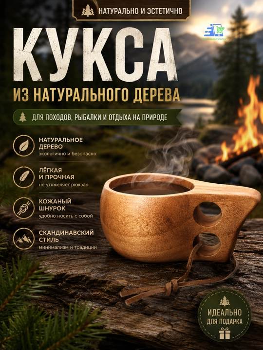 Деревянная кружка Кукса для походов и рыбалки, туристическая кружка из дерева - 