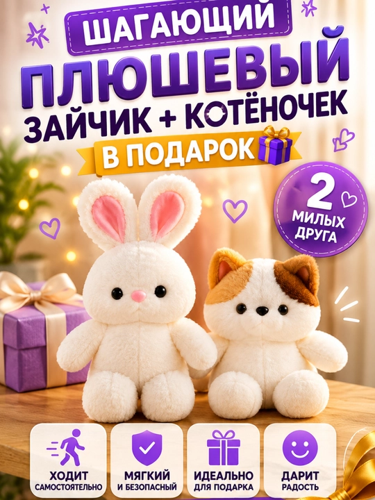 Интерактивная мягкая игрушка шагающая (Бычок, Зайка, Мишка, Котик)