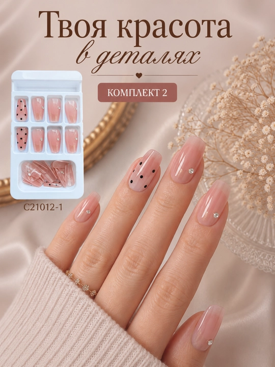 Sun’iy tirnoqlar to‘plami, 72 dona + manikyur seti, 3 dizayn, nude ranglar va dizayn