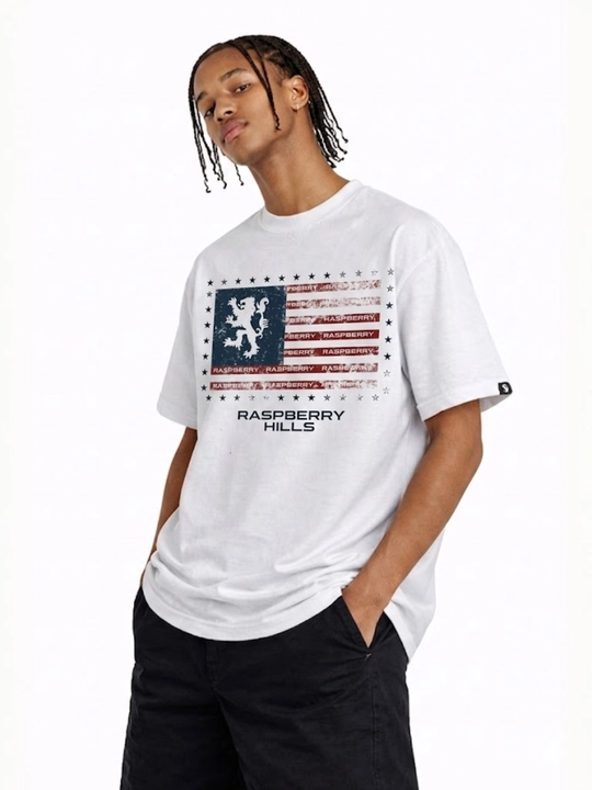 Futbolka oversize Y2K "Raspberry Hills" printli, 100% paxta, uniseks, oq-vintaj