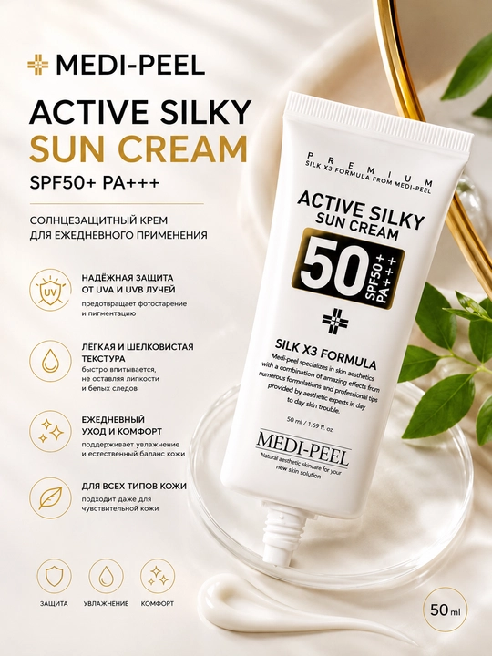 Medi-Peel  iелковистый солнцезащитный крем SPF50+ PA+++, 50 мл - 