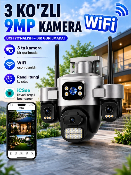 ICSee 3 linzali Wi-Fi va 4G SIM-kartali tashqi kuzatuv xavfsizlik kamerasi IP66 - 