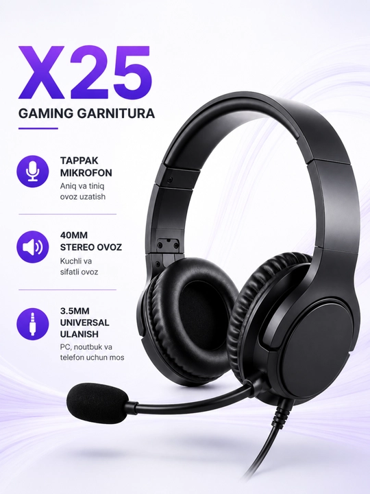 X25 gaming quloqchin, mikrofonli simli garnitura, kompyuter va telefon uchun - 