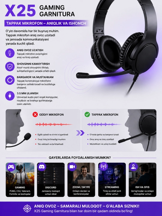 X25 gaming quloqchin, mikrofonli simli garnitura, kompyuter va telefon uchun