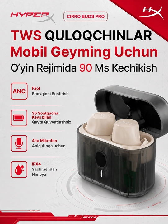 Simsiz TWS o'yin quloqchinlar mikrofonli HYPERX Cirro Buds Pro, Bluetooth 727A5AA