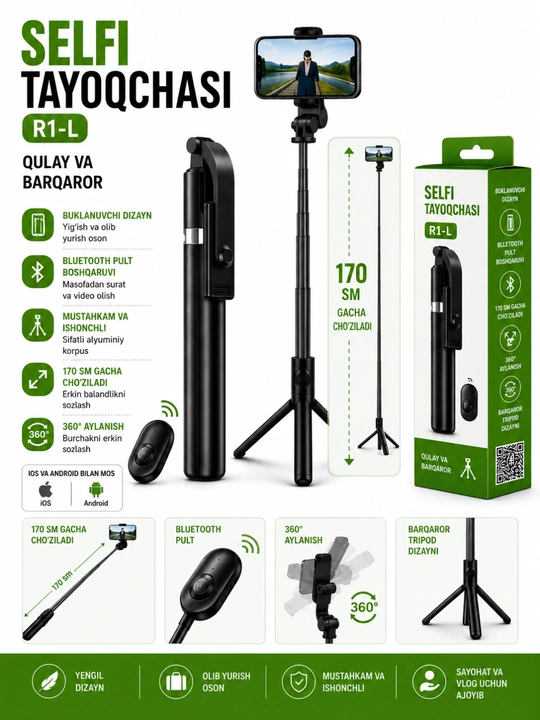 Selfi tayoqchasi R1-L, Bluetooth pultli tripod, 170 sm gacha cho'ziluvchi - 
