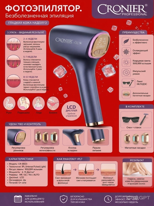 Cronier IPL fotoepilyator — uy sharoitida professional, xavfsiz tuklarni yo‘qotish tizimi - 