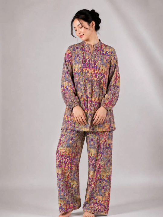 Женский домашний костюм из штапеля – рубашка и брюки, oversize - 