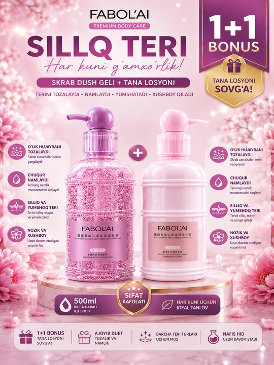 FABOLAI skrab-dush geli + tana losyoni, 500 ml 1+1 to‘plam - 