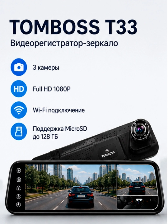 TOMBOSS T33 Wi-Fi videoregistrator-oyna, 3 ta kamera, 10" sensorli ekran - 