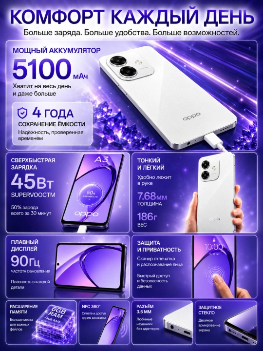 Smartfon OPPO A3 6/128GB, 6/256GB, 6.67" 90Hz, 5100mAh, 45W, harbiy standart, kafolatli