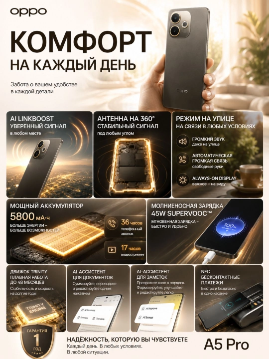 Смартфон OPPO A5 Pro 8/128GB, 8/256GB, 120Гц, 5000мАч, 45Вт, NFC, с гарантией