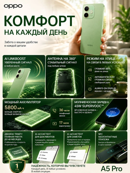 Смартфон OPPO A5 Pro 8/128GB, 8/256GB, 120Гц, 5000мАч, 45Вт, NFC, с гарантией