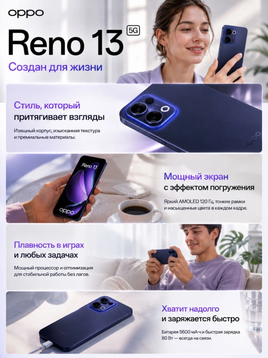 Смартфон OPPO Reno 13 12/512GB, 120Гц AMOLED, NFC, 50Мп OIS, 5600мАч, 80Вт, с гарантией