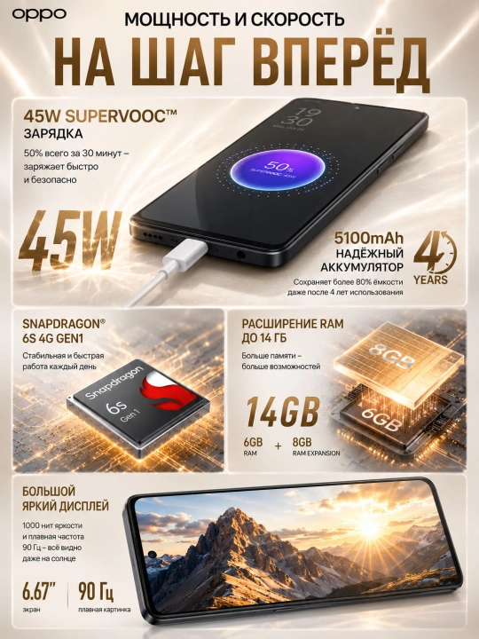 Smartfon OPPO A40m 6/256GB, 6.67" 90Hz, 5100mAh, 45W, harbiy standart, kafolatli