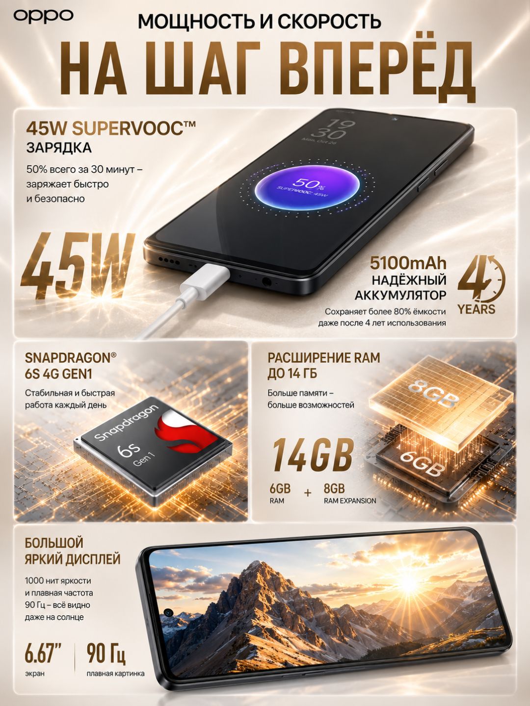 Смартфон OPPO A40m 6/256GB, 6.67" 90Гц, 5100мАч, 45Вт, военный стандарт, с гарантией