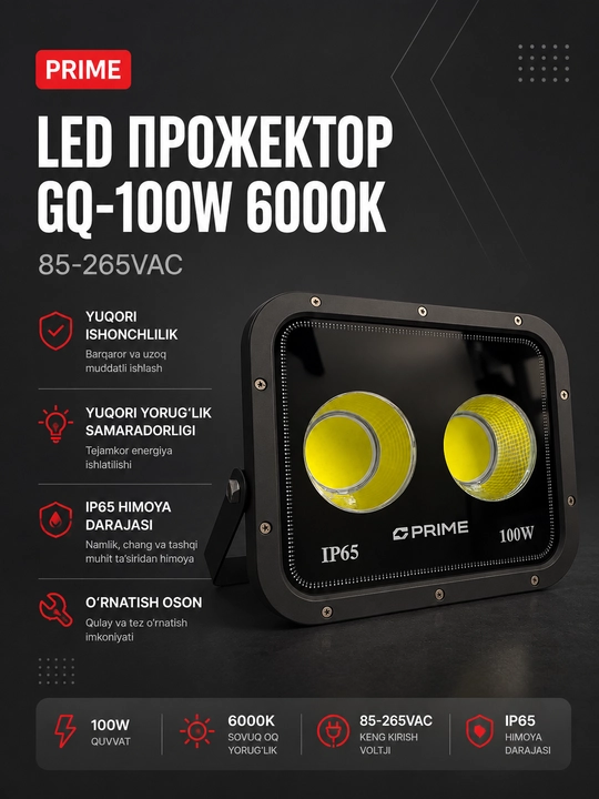 LED GQ-100W 6000K 85-265VAC PRIME projektori - 