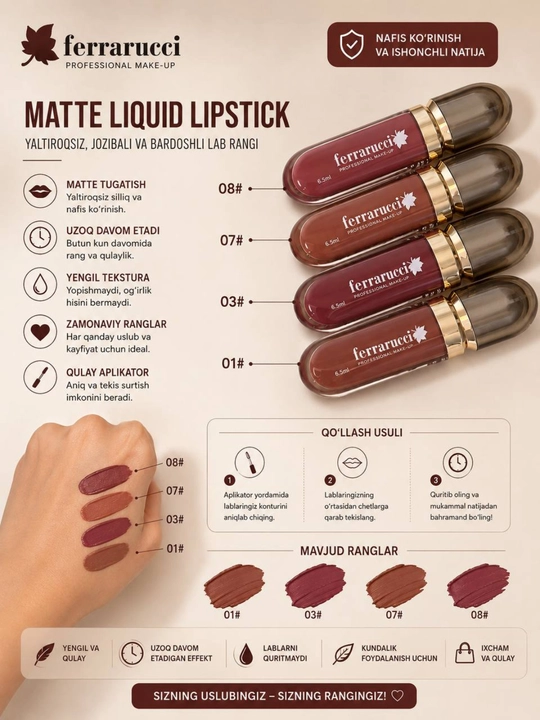 Ferrarucci Matte Liquid Lipstick Mat Suyuq Lab Bo‘yog‘i 01 03 07 08 Ranglar 6.5 ml