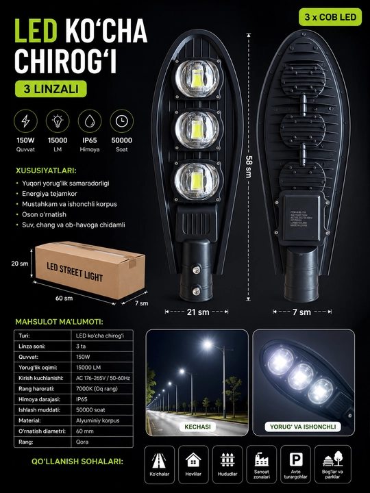 LED ko‘cha proyektori, uch linzali, 150W, IP65, tashqi yoritish uchun