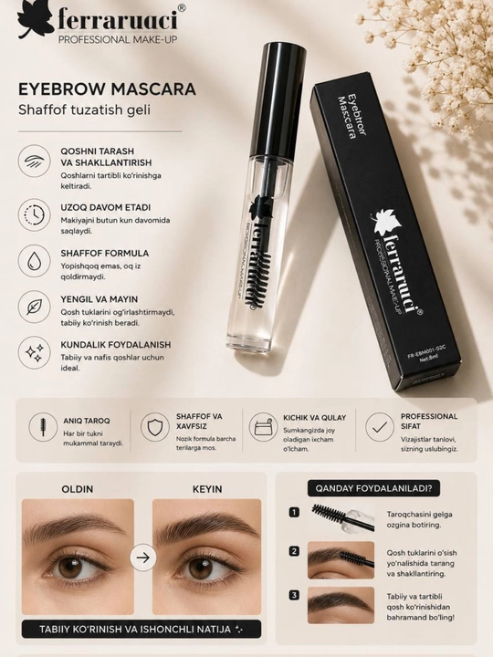 Ferrarucci Eyebrow Mascara shaffof qosh geli, qosh fiksatori uzoq saqlovchi, 8 ml - 