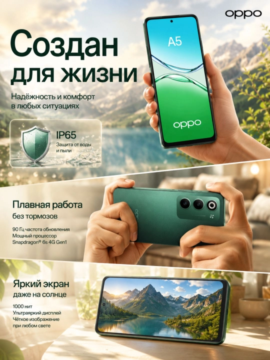 Smartfon OPPO A5 NFC 6/128GB, 8/256GB, 90Hz, 5000mAh, 45W, Aurora Green, Mist White
