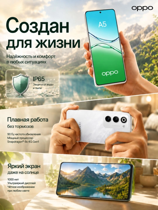 Smartfon OPPO A5 NFC 6/128GB, 8/256GB, 90Hz, 5000mAh, 45W, Aurora Green, Mist White