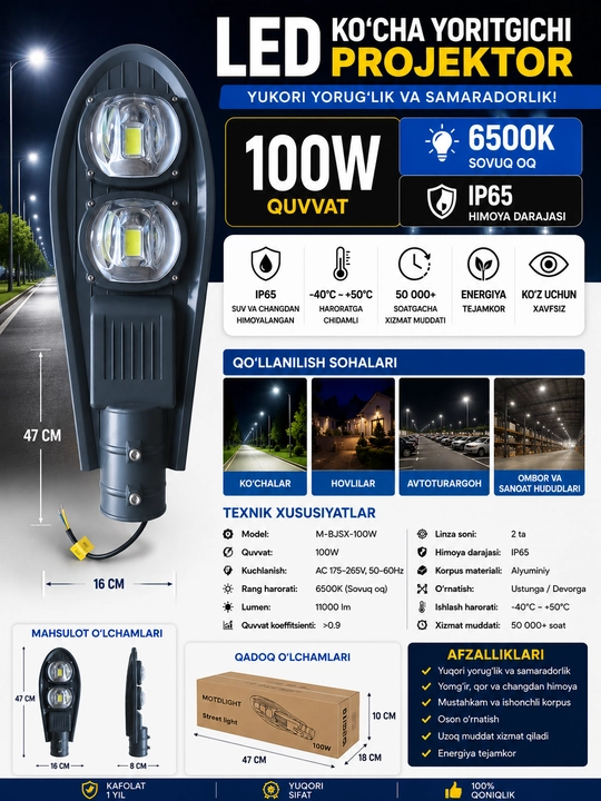 100W LED Ko‘cha Chirog‘i,Oq 6500K, Suv O‘tkazmaydigan Yoritgich